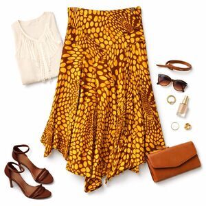 Joseph Ribkoff Y2K Asymmetrical Panel Skirt Brown Yellow Polka Dot Elastic Waist